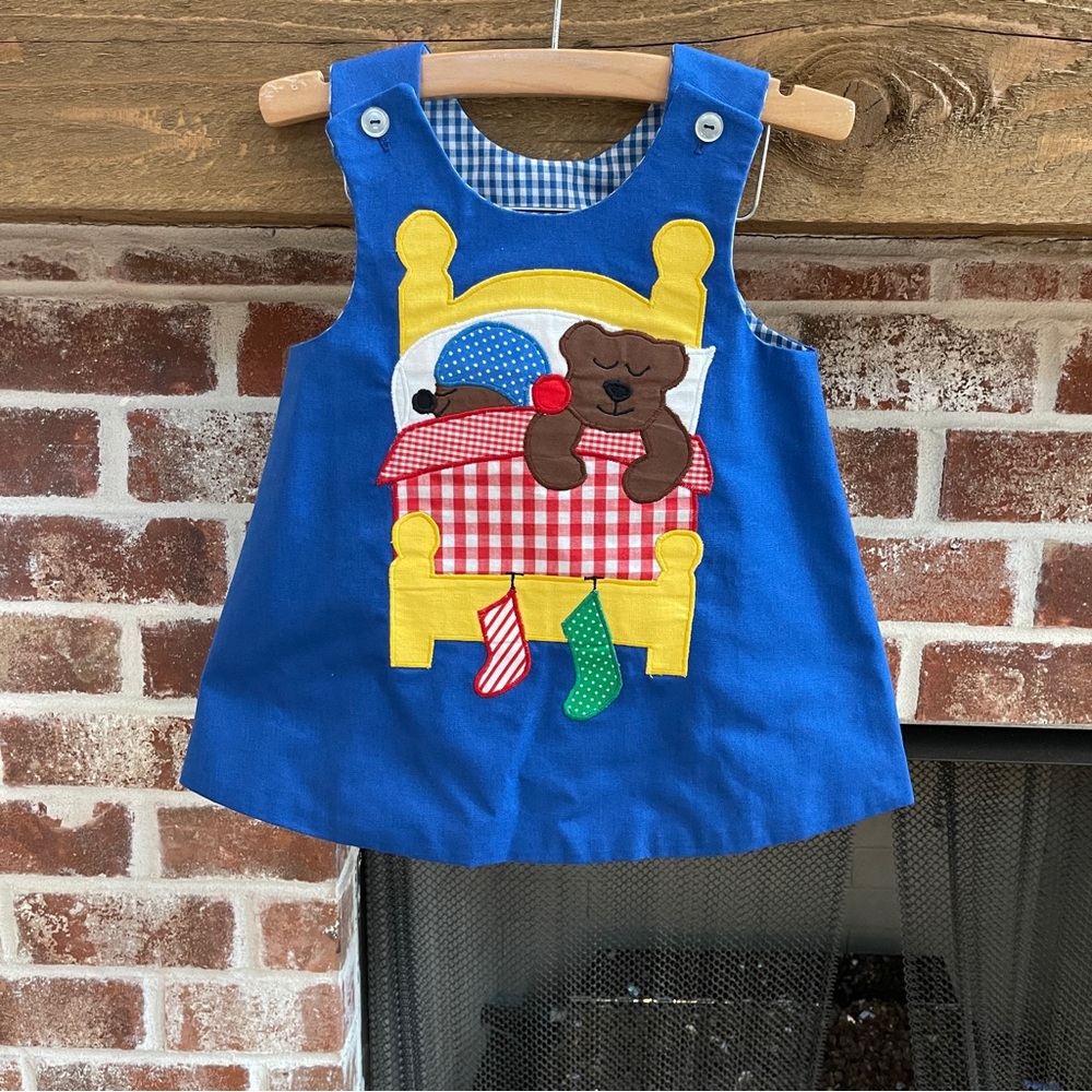 Vintage Blue Children's Dress with Bear Appliqué size 2T